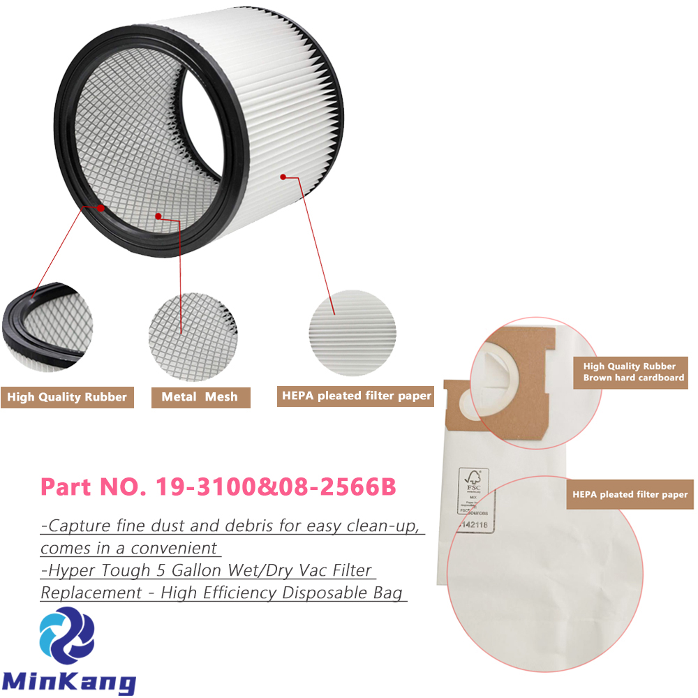 Одноразовый мешок 19-3100 и сменный картридж 08-2566B для пылесосов Hyper Tough AT18419P-5A AT18419-5B емкостью 5 галлонов для влажной/сухой уборки 